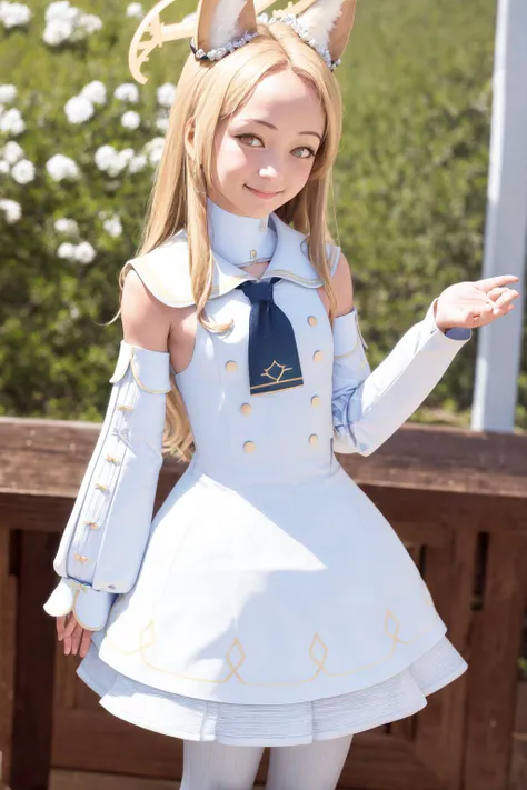 masterpiece, best quality, highres, 1girl seia halo, detached sleeves white frilled dress white sailor collar sleeves past wrists white pantyhose <lora:seia:1> standing, smile, (photorealistic:1.4)
