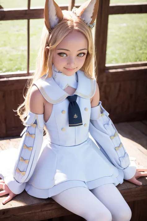 masterpiece, best quality, highres, 1girl seia halo, detached sleeves white frilled dress white sailor collar sleeves past wrists white pantyhose <lora:seia:1> sitting, smile, (photorealistic:1.4)
