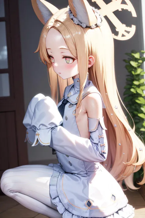 masterpiece, best quality, highres, 1girl seia halo, detached sleeves white frilled dress white sailor collar sleeves past wrists white pantyhose <lora:seia:1> squatting, from side