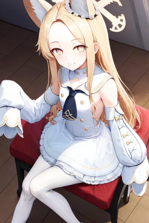 masterpiece, best quality, highres, 1girl seia halo, detached sleeves white frilled dress white sailor collar sleeves past wrists white pantyhose <lora:seia:1> sitting on chair, looking at viewer, smile, from above