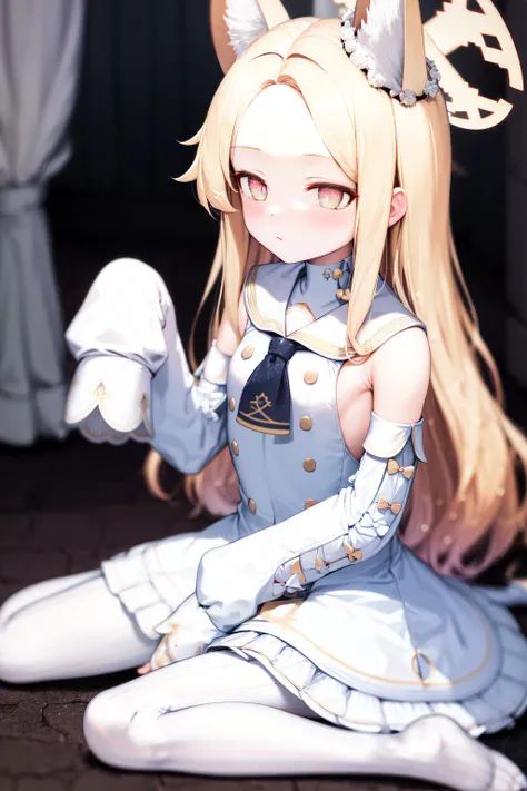 eqlc, 1girl, long hair, solo, naked body, evening dress(ornate dress), long dress, blonde hair, blue eyes, white gloves,lovely small breasts, flat chest, bow, bangs, covered navel, detached collar, a weary face,parted lips, nose blush, blush,facing viewer, looking at viewer, in the livingroom, wall, kabedon pov, kabedon against wall, standing, spread legs,top view