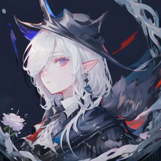 swordfish, hair over one eye, bloodborne, white flowers, garden, light rays, blood stain, detailed face, hat,