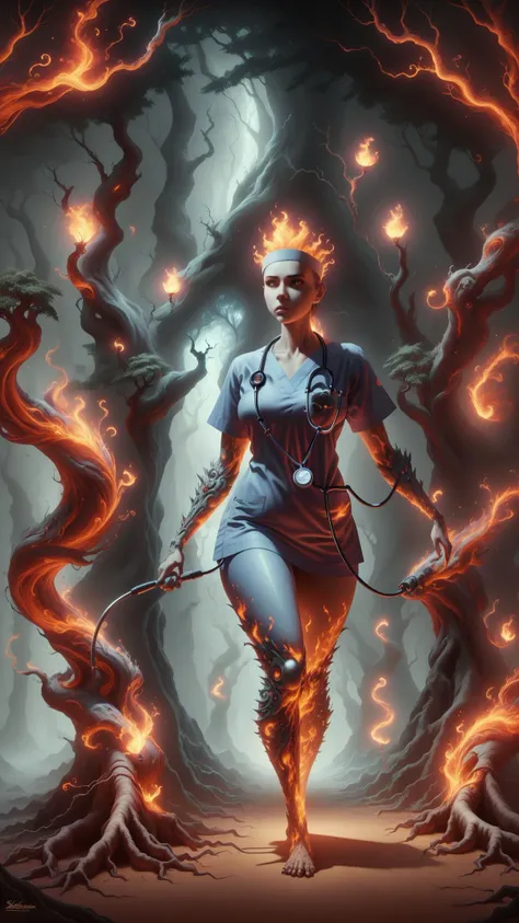 <lora:ElementFire:1.0>ElementFire Black nurse in scrubs and stethoscope,fantasy painting, ancient labyrinth, ghostly visitors, sentient forest, echoes, footsteps, roots, weather made of emotions, dramatic lighting, vibrant colors, intricate details, concept art, artstation, illustration, wide angle, artbook, wallpaper, splash art, promo art, (Masterpiece:1.3) (best quality:1.2) (high quality:1.1)