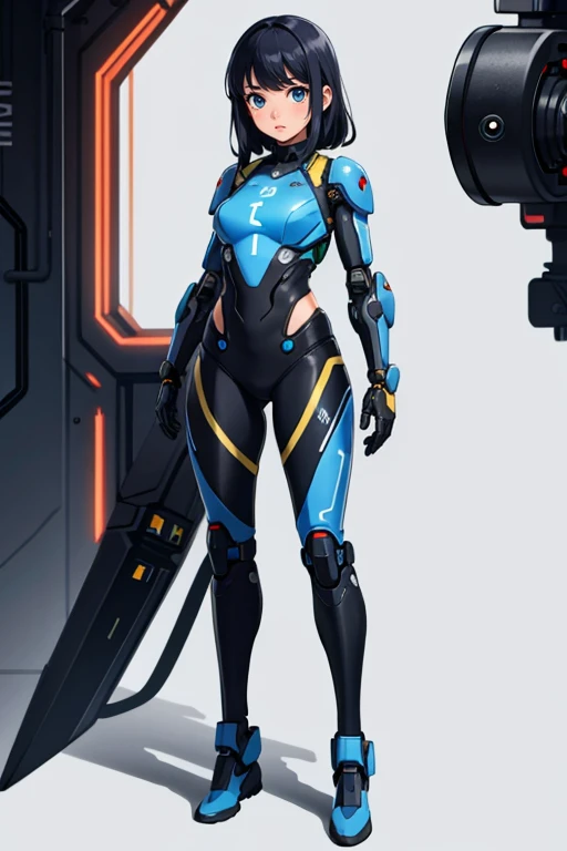 masterpiece, ultra quality,( 1girl ),(full body),(wearing beautiful cybernetic suit),