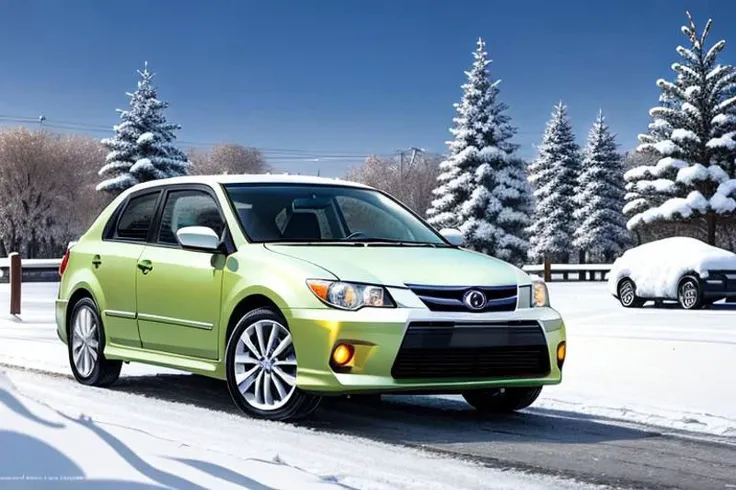 photograph, masterpiece, best quality, perfect anatomy, HD, vibrant, cute, wholesome, Wallpaper Fusion, 1car, 2006 scion tc, green, parked, facing viewer, solo, no humans, snowy, snow, winter, night, nightime, clear sky, festive, christmas tree, landscape is a parking area in the heart of the city of Nashville, Tennessee during Christmas Eve, zoomed in a bit