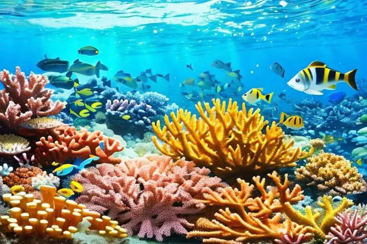 photograph, masterpiece, best quality, HD, vibrant, multiple fish, sand, coral reef, landscape is the bliss wallpaper from Windows XP completely submerged in water, no humans