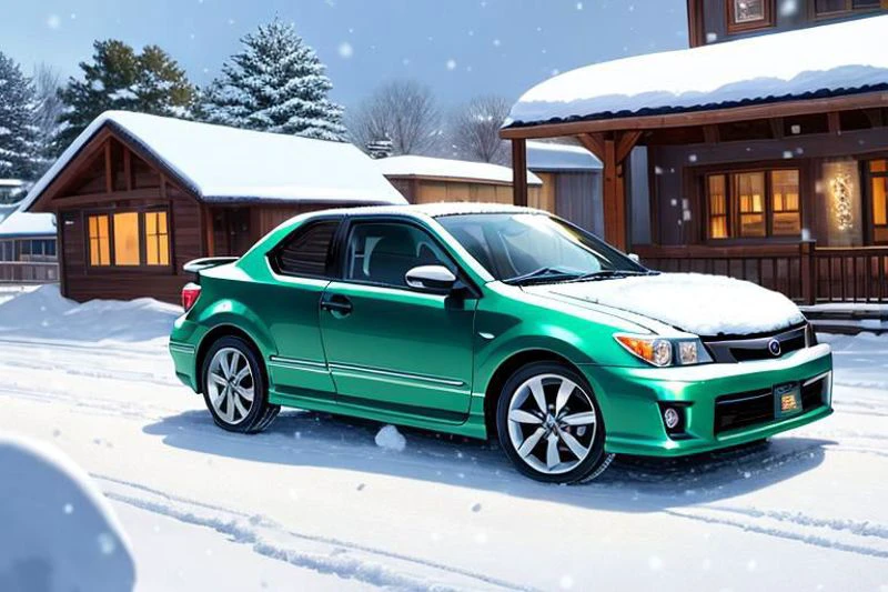 photograph, photorealistic, masterpiece, best quality, perfect anatomy, HD, vibrant, cute, wholesome, Wallpaper Fusion, 1car, ((2006 scion tc, green,)) parked, facing viewer, solo, no humans, snowy, snow, winter, night, nightime, clear sky, festive, christmas tree, landscape is a parking area in the heart of the city of Nashville, Tennessee during Christmas Eve, zoomed in a bit