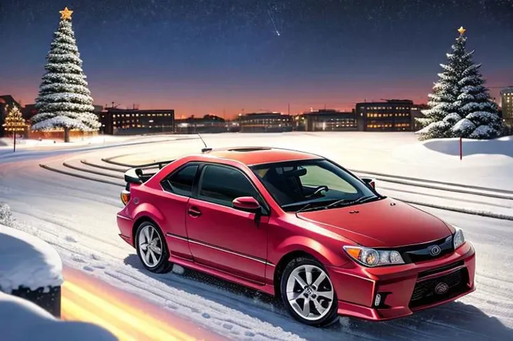 (((HD, photograph,))) masterpiece, best quality, perfect anatomy, vibrant, cute, wholesome, Wallpaper Fusion, 1car, (((2006 scion tc, red,))) parked, facing viewer, solo, no humans, snowy, snow, winter, night, nightime, pitch black cloudy sky, festive, christmas tree, landscape is a parking area in the heart of the city of Nashville, Tennessee during Christmas Eve, zoomed in a bit