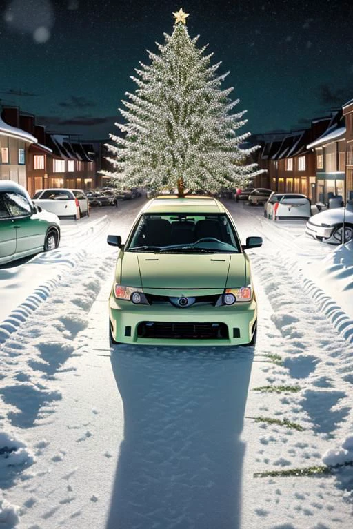 (((HD, photograph,))) masterpiece, best quality, perfect anatomy, vibrant, cute, wholesome, Wallpaper Fusion, 1car, (((2006 scion tc, green,))) parked, facing viewer, solo, no humans, snowy, snow, winter, night, nightime, pitch black cloudy sky, festive, christmas tree, landscape is a parking area in the heart of the city of Nashville, Tennessee during Christmas Eve, zoomed in a bit