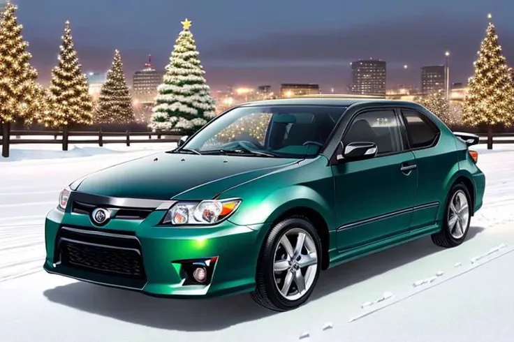 (((HD, photograph,))) masterpiece, best quality, perfect anatomy, vibrant, cute, wholesome, Wallpaper Fusion, 1car, (((2006 scion tc, green,))) parked, facing viewer, solo, no humans, snowy, snow, winter, night, nightime, pitch black cloudy sky, festive, christmas tree, landscape is a parking area in the heart of the city of Nashville, Tennessee during Christmas Eve, zoomed in a bit