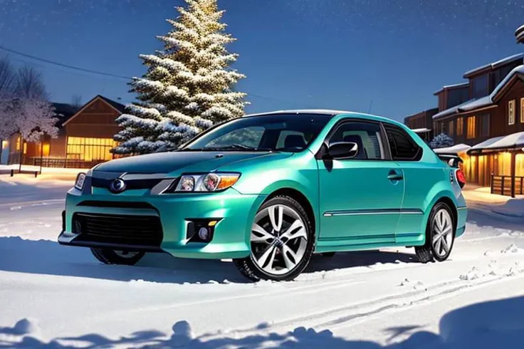 photograph, photorealistic, masterpiece, best quality, perfect anatomy, HD, vibrant, cute, wholesome, Wallpaper Fusion, 1car, ((2006 scion tc, green,)) parked, facing viewer, solo, no humans, snowy, snow, winter, night, nightime, clear sky, festive, christmas tree, landscape is a parking area in the heart of the city of Nashville, Tennessee during Christmas Eve, zoomed in a bit