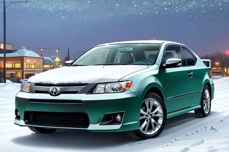 ((HD, photograph,)) masterpiece, best quality, perfect anatomy, vibrant, cute, wholesome, Wallpaper Fusion, 1car, ((2006 scion tc, green,)) parked, facing viewer, solo, no humans, snowy, snow, winter, night, nightime, clear sky, festive, christmas tree, landscape is a parking area in the heart of the city of Nashville, Tennessee during Christmas Eve, zoomed in a bit