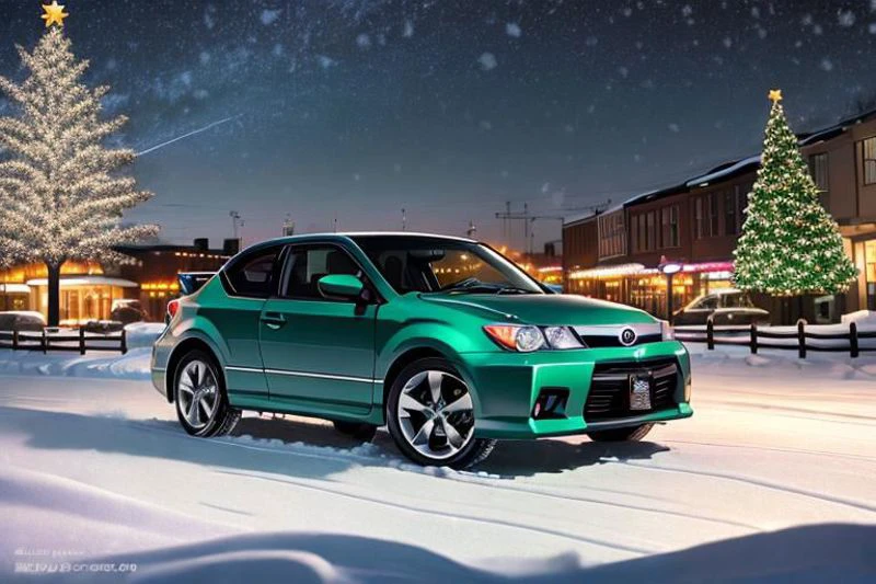 (((HD, photograph,))) masterpiece, best quality, perfect anatomy, vibrant, cute, wholesome, Wallpaper Fusion, 1car, (((2006 scion tc, green,))) parked, facing viewer, solo, no humans, snowy, snow, winter, night, nightime, dark pitch black cloudy sky, festive, christmas tree, landscape is a parking area in the heart of the city of Nashville, Tennessee during Christmas Eve, zoomed in a bit