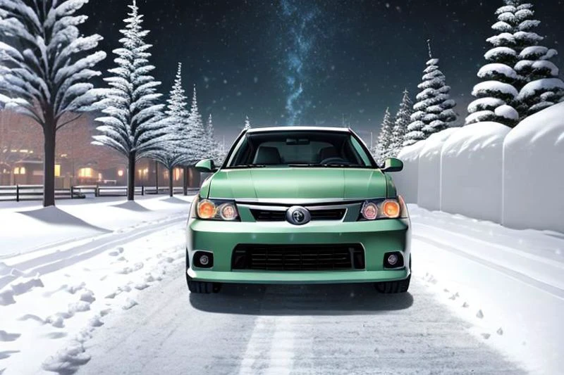 ((HD, photograph,)) masterpiece, best quality, perfect anatomy, vibrant, cute, wholesome, Wallpaper Fusion, 1car, ((2006 scion tc, green,)) parked, facing viewer, solo, no humans, snowy, snow, winter, night, nightime, clear sky, festive, christmas tree, landscape is a parking area in the heart of the city of Nashville, Tennessee during Christmas Eve, zoomed in a bit