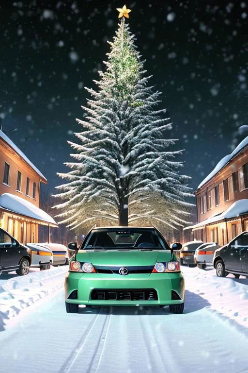 (((HD, photograph,))) masterpiece, best quality, perfect anatomy, vibrant, cute, wholesome, Wallpaper Fusion, 1car, (((2006 scion tc, green,))) parked, facing viewer, solo, no humans, snowy, snow, winter, night, nightime, pitch black cloudy sky, festive, christmas tree, landscape is a parking area in the heart of the city of Nashville, Tennessee during Christmas Eve, zoomed in a bit