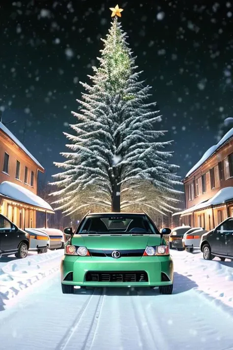 (((HD, photograph,))) masterpiece, best quality, perfect anatomy, vibrant, cute, wholesome, Wallpaper Fusion, 1car, (((2006 scion tc, green,))) parked, facing viewer, solo, no humans, snowy, snow, winter, night, nightime, pitch black cloudy sky, festive, christmas tree, landscape is a parking area in the heart of the city of Nashville, Tennessee during Christmas Eve, zoomed in a bit