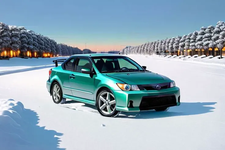 photograph, masterpiece, best quality, perfect anatomy, HD, vibrant, cute, wholesome, Wallpaper Fusion, 1car, solo, (((2006 scion tc, green,))) parked, facing viewer, snowy, snow, winter, night, nightime, clear sky, festive, christmas tree, landscape is a parking area in the heart of the city of Nashville, Tennessee during Christmas Eve, zoomed in a bit, no humans