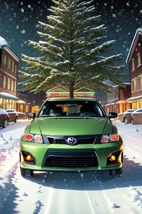 (((HD, photograph,))) masterpiece, best quality, perfect anatomy, vibrant, cute, wholesome, Wallpaper Fusion, 1car, (((2006 scion tc, green, red bowtie on top,))) parked, facing viewer, solo, no humans, snowy, snow, winter, night, nightime, pitch black cloudy sky, festive, christmas tree, landscape is a parking area in the heart of the city of Nashville, Tennessee during Christmas Eve, zoomed in a bit
