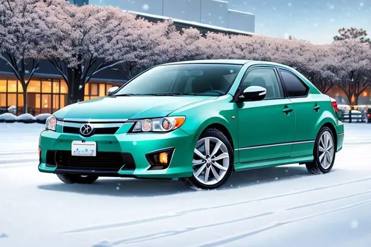 photograph, masterpiece, best quality, perfect anatomy, HD, vibrant, cute, wholesome, Wallpaper Fusion, 1car, 2006 scion tc, green, parked, facing viewer, solo, no humans, snowy, snow, winter, night, nightime, clear sky, festive, christmas tree, landscape is a parking area in the heart of the city of Nashville, Tennessee during Christmas Eve, zoomed in a bit