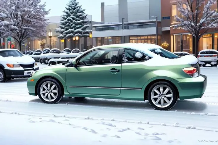 photograph, masterpiece, best quality, perfect anatomy, HD, vibrant, cute, wholesome, Wallpaper Fusion, 1car, ((2006 scion tc, green,)) parked, facing viewer, solo, no humans, snowy, snow, winter, night, nightime, clear sky, festive, christmas tree, landscape is a parking area in the heart of the city of Nashville, Tennessee during Christmas Eve, zoomed in a bit