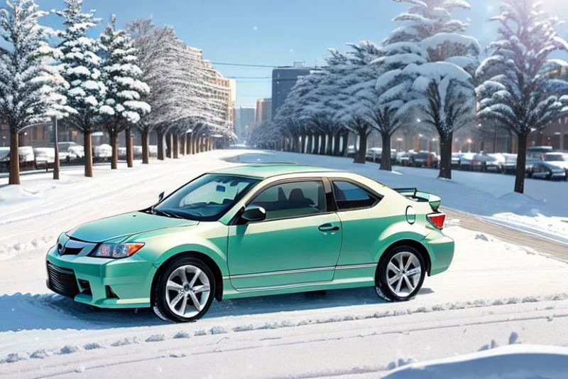 photograph, masterpiece, best quality, perfect anatomy, HD, vibrant, cute, wholesome, Wallpaper Fusion, 1car, ((2006 scion tc, green,)) parked, facing viewer, solo, no humans, snowy, snow, winter, night, nightime, clear sky, festive, christmas tree, landscape is a parking area in the heart of the city of Nashville, Tennessee during Christmas Eve, zoomed in a bit