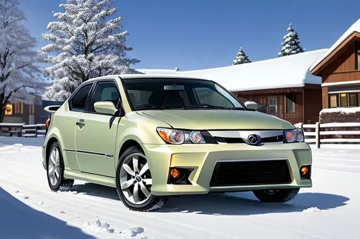 photograph, masterpiece, best quality, perfect anatomy, HD, vibrant, cute, wholesome, Wallpaper Fusion, 1car, ((2006 scion tc, green,)) parked, facing viewer, solo, no humans, snowy, snow, winter, night, nightime, clear sky, festive, christmas tree, landscape is a parking area in the heart of the city of Nashville, Tennessee during Christmas Eve, zoomed in a bit