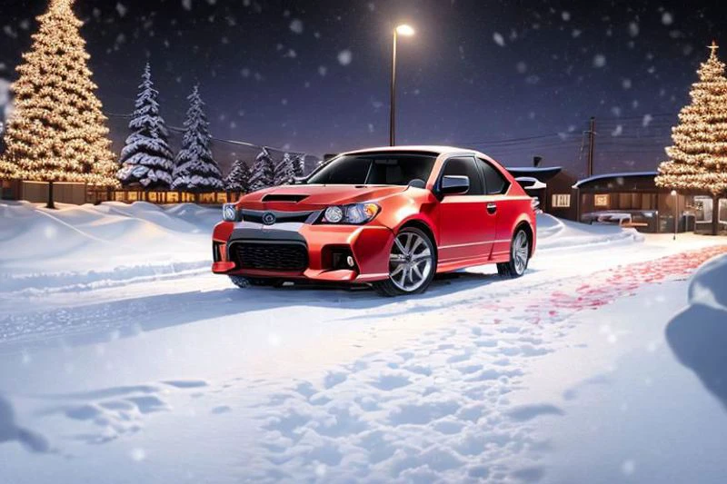 (((HD, photograph,))) masterpiece, best quality, perfect anatomy, vibrant, cute, wholesome, Wallpaper Fusion, 1car, (((2006 scion tc, red,))) parked, facing viewer, solo, no humans, snowy, snow, winter, night, nightime, pitch black cloudy sky, festive, christmas tree, landscape is a parking area in the heart of the city of Nashville, Tennessee during Christmas Eve, zoomed in a bit