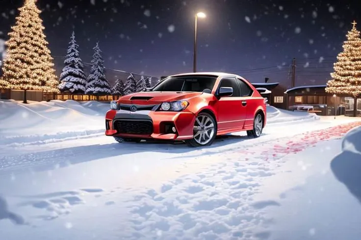 (((HD, photograph,))) masterpiece, best quality, perfect anatomy, vibrant, cute, wholesome, Wallpaper Fusion, 1car, (((2006 scion tc, red,))) parked, facing viewer, solo, no humans, snowy, snow, winter, night, nightime, pitch black cloudy sky, festive, christmas tree, landscape is a parking area in the heart of the city of Nashville, Tennessee during Christmas Eve, zoomed in a bit