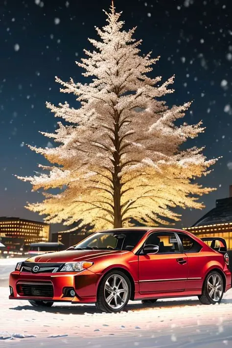 (((HD, photograph,))) masterpiece, best quality, perfect anatomy, vibrant, cute, wholesome, Wallpaper Fusion, 1car, (((2006 scion tc, red,))) parked, facing viewer, solo, no humans, snowy, snow, winter, night, nightime, pitch black cloudy sky, festive, christmas tree, landscape is a parking area in the heart of the city of Nashville, Tennessee during Christmas Eve, zoomed in a bit