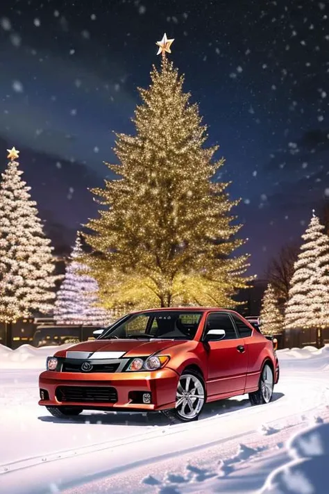 (((HD, photograph,))) masterpiece, best quality, perfect anatomy, vibrant, cute, wholesome, Wallpaper Fusion, 1car, (((2006 scion tc, red,))) parked, facing viewer, solo, no humans, snowy, snow, winter, night, nightime, pitch black cloudy sky, festive, christmas tree, landscape is a parking area in the heart of the city of Nashville, Tennessee during Christmas Eve, zoomed in a bit