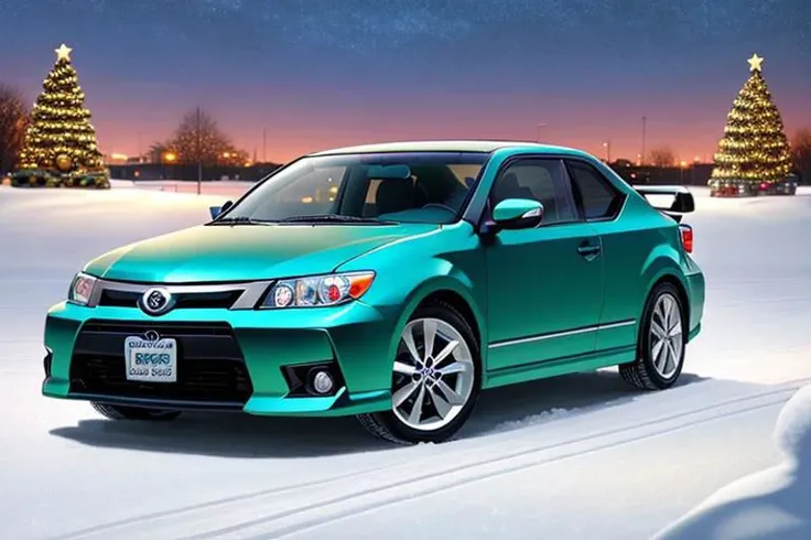 ((HD, photograph,)) masterpiece, best quality, perfect anatomy, vibrant, cute, wholesome, Wallpaper Fusion, 1car, ((2006 scion tc, green,)) parked, facing viewer, solo, no humans, snowy, snow, winter, night, nightime, clear sky, festive, christmas tree, landscape is a parking area in the heart of the city of Nashville, Tennessee during Christmas Eve, zoomed in a bit