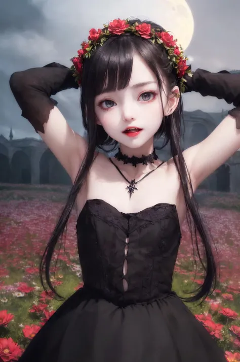 (masterpiece, high quality, simple art, dark shot, night:1.3), upper body, (a vampire girl:1.1), (having fun:1.1), arms behind head, (vampire fangs:1.2), flower crown, light sparkling eyes, sharp, pale skin, black dress, looking at viewer, medieval, (at flower field:1.2), open mouth, cozy, moonlight, night, (flat colors:1.1), choker, (warm smile:1.1)
