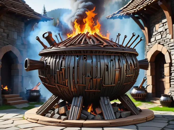 hyper detailed masterpiece, dynamic, awesome quality,DonMCr0wB4rXL timeless cauldron gathering, plywood,quartzite stone, campfires, wall washers (exterior), made of crowbars <lora:DonMCr0wB4rXL-000008:1>