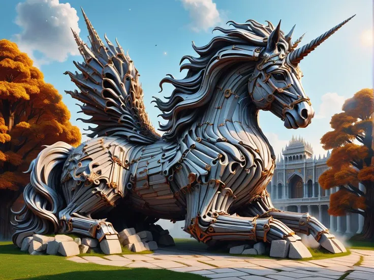 hyper detailed masterpiece, dynamic, awesome quality,DonMCr0wB4rXL celestial unicorn palace, marble stone, bonfires, wall washers (exterior)  <lora:DonMCr0wB4rXL-000008:1>