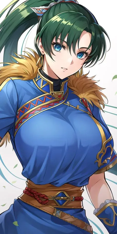 <lora:LyndisV3:0.7> lyndis, huge_breasts, standing, solo, Blue_dress_side_slit_Pelvic_curtain_Sash_Short_sleeves_Belt_Blue_armor_Fur_trim,, masterpiece, best quality, detailed face, detailed eyes, highres,