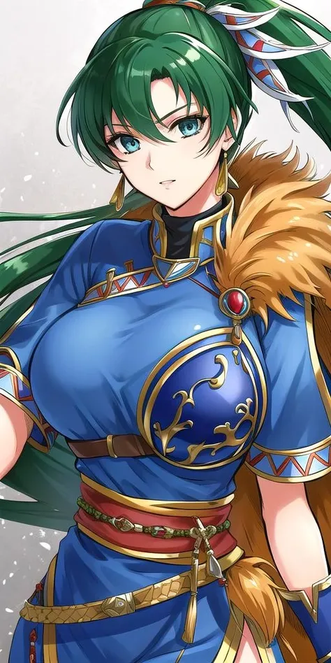 <lora:LyndisV3:0.7> lyndis, huge_breasts, standing, solo, Blue_dress_side_slit_Pelvic_curtain_Sash_Short_sleeves_Belt_Blue_armor_Fur_trim,, masterpiece, best quality, detailed face, detailed eyes, highres,