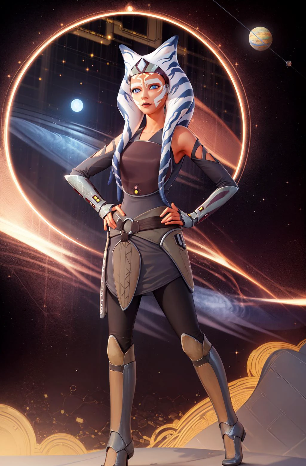 masterpiece, best quality, (1girl), ahsoka_rebels, alien,1girl, cowboy shot, space background, planet, galaxy, grey dress, boots, blue eyes, detailed eyes