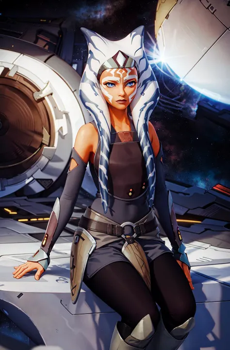 masterpiece, best quality, (1girl), ahsoka_rebels, alien,1girl, cowboy shot, space background, sitting, planet, galaxy, grey dress, boots, blue eyes, detailed eyes