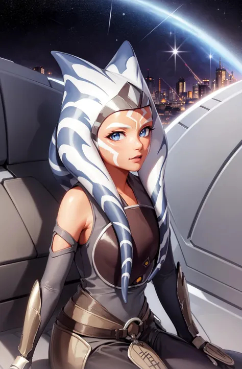 masterpiece, best quality, (1girl), ahsoka_rebels, alien, 1girl, cowboy shot, space background, planet, galaxy, grey dress, blue eyes, detailed eyes, scifi, sitting, starry sky, upper body, looking at viewer, orange skin