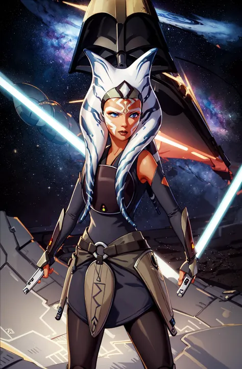 masterpiece, best quality, (1girl), ahsoka_rebels, alien,1girl, cowboy shot, space background, lightsaber, dual wielding, holding weapon, weapon, holding lightsaber, planet, galaxy, grey dress, boots, blue eyes, detailed eyes