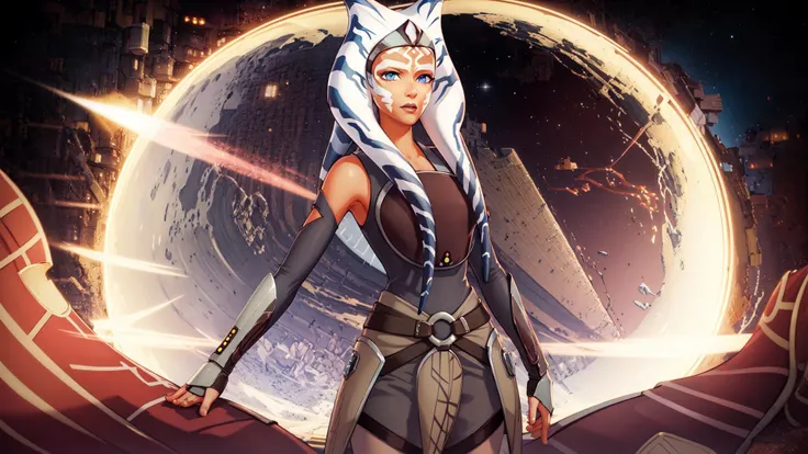 masterpiece, best quality, (1girl), ahsoka_rebels, alien,1girl, cowboy shot, space background, planet, galaxy, grey dress, boots, blue eyes, detailed eyes