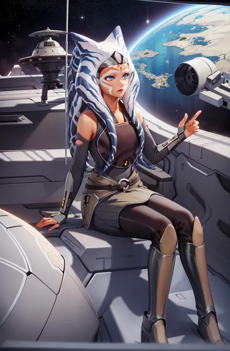 masterpiece, best quality, (1girl), ahsoka_rebels, alien, 1girl, cowboy shot, space background, planet, galaxy, grey dress, boots, blue eyes, detailed eyes, space ship interior, scifi, sitting, starry sky