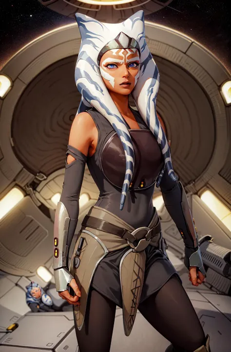 masterpiece, best quality, (1girl), ahsoka_rebels, alien,1girl, cowboy shot, space background, planet, galaxy, grey dress, boots, blue eyes, detailed eyes, space ship interior, scifi