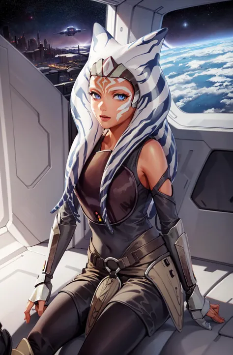 masterpiece, best quality, (1girl), ahsoka_rebels, alien, 1girl, cowboy shot, space background, planet, galaxy, grey dress, boots, blue eyes, detailed eyes, space ship interior, scifi, sitting, starry sky, upper body, looking at viewer