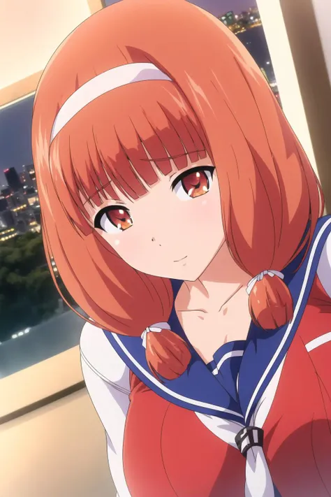 (Night:1.7), Japan, Tokyo, CityView, Before Window,
Standing at attention,
chool uniform, serafuku,red vest ,white Jacket,collarbone,White_tie,pleated skirt,
<lora:Kitagawa_Tomoe_Poro_Gurumi-KK77-V1:0.7>,
long hair,white hairband,blunt bangs,orange hair, twintails,orange eyes,
1 girl, 20yo,Young female,Beautiful Finger,Beautiful long legs,Beautiful body,Beautiful Nose,Beautiful character design, perfect eyes, perfect face,expressive eyes,
looking at viewer, in the center of the image,(Upper_body),(Focus on her face),
official art,extremely detailed CG unity 8k wallpaper, perfect lighting,Colorful, Bright_Front_face_Lighting,shiny skin,
(masterpiece:1.0),(best_quality:1.0), ultra high res,4K,ultra-detailed,
photography, 8K, HDR, highres, absurdres:1.2, Kodak portra 400, film grain, blurry background, bokeh:1.2, lens flare, (vibrant_color:1.2)
(Beautiful,large_Breasts:1.4), (beautiful_face:1.5),(narrow_waist),