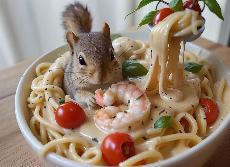 A (kawaii squirrel:1.0) bathing in a bowl of spaghetti. [:(foodporn:1.0), pasta, spaghetti, cheese, parmesan, cream, alfredo sauce, shrimp, olive oil, fresh basil, cherry tomatoes:0.1]. cherry blossoms, action scene, fine china, anime, cel shading, dramatic
 <lora:FoodPorn_v2:1.0> <lora:more_details:0>