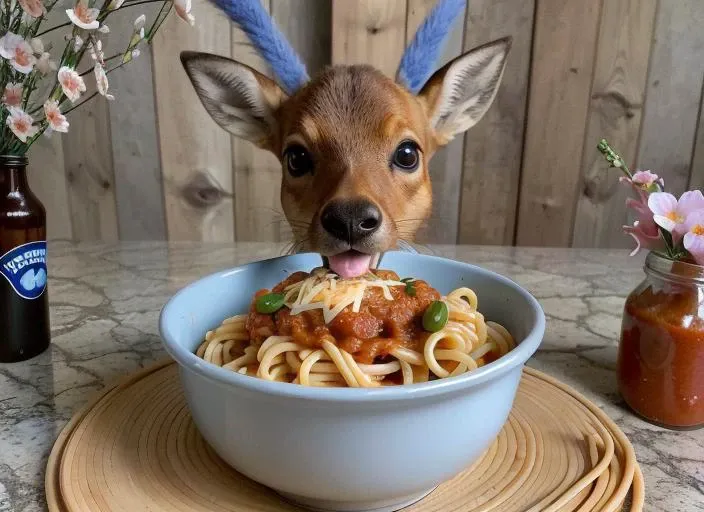 A (kawaii blue furred deer fawn:1.0) looking up at you from a bowl [:of spaghetti. (foodporn:1.0), meat, cheese, tomato sauce, italian, pasta:0.2].  blue fur, cherry blossoms
 <lora:FoodPorn_v2:1.0>