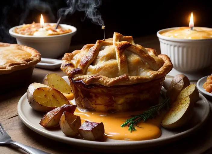 (foodporn:0.7), savory, meat, cheese, potato, pie, candlelight, Lady And The Tramp, 
<|startoftext|> by leonid afremov, highly stylized, 4k, unreal engine 5 render, food art, food photography, realistic render, smoke, mist, dramatic lighting, cinematic lighting, rule of thirds, depth of field, cinematic bloom
 <lora:add_detail:1> <lora:FoodPorn_v2_:1>