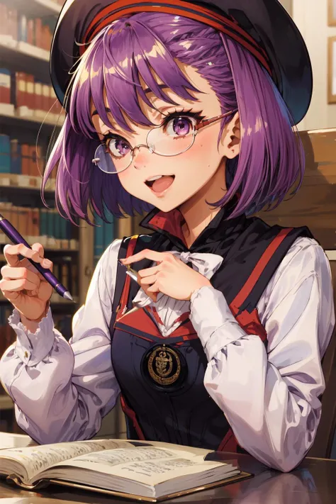 masterpiece,best quality,1girl,helena blavatsky,purple hair,short hair,hat,glasses,laughing,school uniform,holding pen,library,<lora:helena_blavatsky:1>,