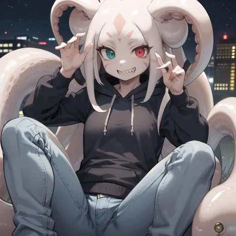 sengle, 34 year old, monster girl, young looking, small breasts, colored skin, sharp teeth, third eye, tentacle hair, black sclera, left crimson red eye, right basil green eye, heterochromia, solo, hoody, hood down, jeans, converse, cold grin, city, night, (best quality, masterpiece:1.2), (detailed eye:1.2), intricate detail, complex background, <lora:SeaAngel:1>